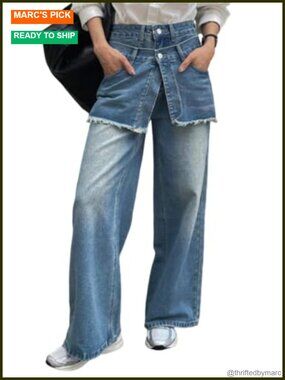 Wide Leg Asymmetric Patchwork Distressed Denim Jeans Raw Frayed Fringe